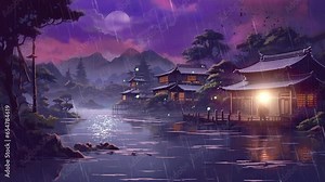 Fantasy storm rain landscape on Japanese anime drawing style. Rainy season looping 4k animation video