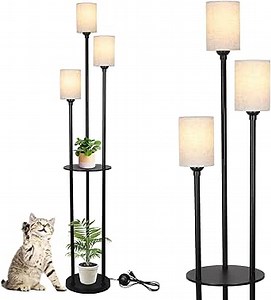 Floor Lamp with Shelves, Modern Floor Lamps for Living Room, 3-Lights Standing Lamp with Linen Shade and Foot Switch, Industrial Standing Lamps for Bedroom, Black Tall Table Lamp for Office