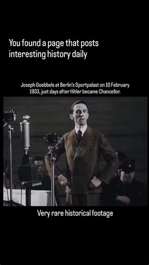 @purehistorydaily on Instagram: "This video shows an excerpt from a speech by Joseph Goebbels at Berlin’s Sportpalast on 10 February 1933, just days after Hitler became Chancellor. As head of Nazi propaganda, Goebbels used mass rallies like this to shape public opinion, stir emotions, and build loyalty to the new regime. The speech highlights how antisemitic ideas and racial ideology were already being openly promoted, laying the groundwork for later persecution. It demonstrates how propaganda,
