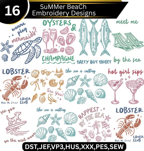 Summer Beach Embroidery Design Bundle Ocean Nautical Sea Life Shells Lobster Turtle Champagne Coastal Vacation Vibes - Etsy