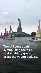 "Our war on nature must end," said young climate activist Greta Thunberg when she arrived in New York by boat for the UN climate summit. https://bbc.in/324qLrs | BBC News