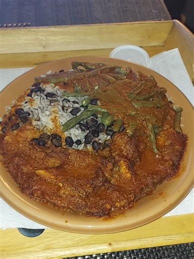 Rice and beans, string beans, and Fish Filet Covered in Homemade Sauce with a Lettuce, Tomato, Cucumber Salad and Wishbone Dressing (Tea on the side) 😁 . #foodtok #rice #beans #fish #cooking
