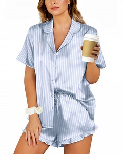 UVN Pajamas Sets for Women Short Sleeve Button Down Tops and Ruffle Shorts 2 Piece Outfit Satin Silk Pjs Sleepwear Loungewear
