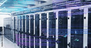 Code fading while camera panning across white servers and scrolling simulating live data flow