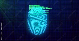 Animation of digital biometric fingerprint computer interface icon on mesh black background Stock Video