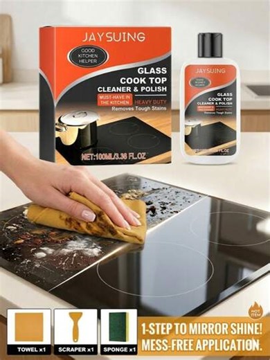 100g Glass Stove Cleaner And Polish, Heavy Duty Induction Cooktop Cleaner With Scraper, Sponge And Cloth, Instantly Removes Ceramic Stove Stains, Mirror Shine Kitchen Cleaning Set | SHEIN