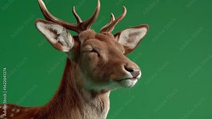 Close up of a deer head with antlers against a green background in a studio setting lookin left green screen animal video