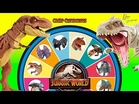 JURASSIC WORLD SPIN WHEEL GAME Lots of Fun Dinosaur Toys Battles! T-Rex Indoraptor Indominus Rex