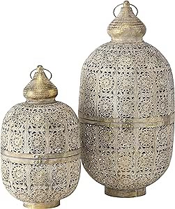 Moroccan Metal Temple Lanterns, Luxury Floor Hurricanes, Set of 2, for LED or Wax Candles, Sealed Iron, Antiqued Patina, Hinged Top, 25.5 and 17.75 Inches Tall, Global Chic Collection