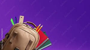 brown leather backpack with school supplies isolated on a grey background, AI generated images, Back to school, education, childhood, primary school theme, banner size with copy space to the right