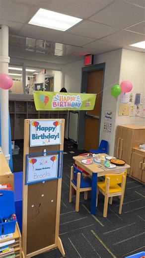 Our dramatic play area just got a birthday party makeover! Preschoolers love it because they’ve all attended real parties, so the vocabulary and pretend play blossom—singing “Happy Birthday,” wrapping “presents,” and acting out the celebration. It’s been wonderful watching them build social and language skills through something they’re already familiar with. You can find the birthday signs and props we used on my website, preschoolvibes.com. | Preschool Vibes