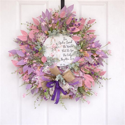 Handmade John 3:16 Spring Wreath | Pink Purple Floral Door Decor - Etsy