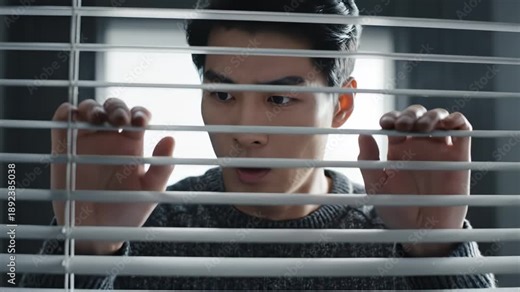 man peeking through window blinds
