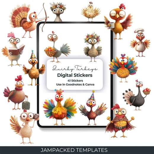 Quirky Turkey Digital Stickers | 41 Quirky Thanksgiving Planner Stickers PNG Goodnotes, Fall Turkey Stickers, PRINTABLE Autumn Sticker Pack - Etsy