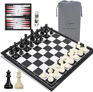 Joneytech Magnetic Chess Set for Kids and Adults, 13 inch 3 in 1 Chess Checkers Backgammon Travel Portable Folding Sets, Gift Children Chess Board Game with Extra Queen