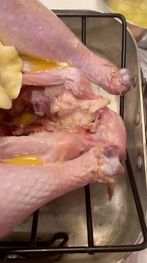 Ok so I may have used more butter than the recipe calls for...😂 here is the method: Turkey in Cheesecloth with Quick Gravy My mother did this method my whole childhood & learned from the great Julia Child. The idea is to protect the breast meat for the majority of the cooking time since it is leaner and more delicate. Then, you gently peel off cheesecloth to let it brown as it finishes cooking. 14-16 pound turkey, innards/neck removed ½ - 1 stick unsalted butter, melted 1 large doubled piece of