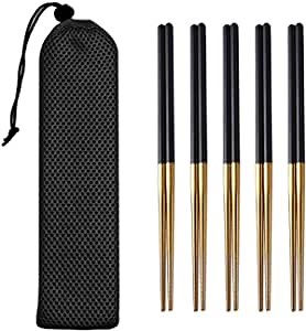Black Gold Chopsticks Reusable Set, 8 1/4 Inches Lightweight, Square Handle 5 Pairs Metal Chopsticks Set with Bag, Premium Stainless Steel Chop Sticks for Eating