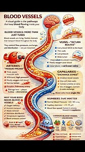 A simple visual guide to blood vessels—how arteries, veins, and capillaries work together to transport blood, exchange oxygen and nutrients, and keep your body functioning efficiently. #BloodVessels #CirculatorySystem #HumanAnatomy #MedicalInfographic #BiologyBasics | Scoolam Foundation