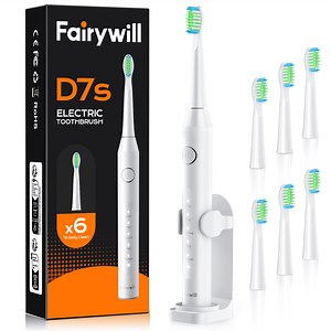 Fairywill Sonic Electric Toothbrush for Adults, Rechargeable with 6 Dupont Brush Heads, 47000 VPM, 5 Modes, Fast Charge,60-Day Battery, IPX7 Waterproof, White