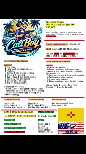Caliboy Mobile Car Wash & SPA provides professional mobile car wash and auto detailing services in Albuquerque, NM. We offer convenient at-home car wash, steam interior cleaning, deep interior detailing, and SUV/truck services. Reliable, affordable, and same-day appointments available. Book your mobile car wash today.#Albuquerque#New Mexico#Mobile Detail#Car Wash Near Me