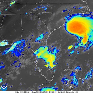 206K views · 248 reactions | Infrared satellite imagery shows high cloud tops just northeast of the center of Tropical Storm Chantal. Rain and wind should continue along the coast of the Carolinas through the night and landfall is still anticipated before daybreak. Watch updated satellite loops through the night at https://www.star.nesdis.noaa.gov/goes/sector_band.php?sat=G19&sector=se&band=Sandwich&length=24 | US National Weather Service Wilmington NC | Facebook