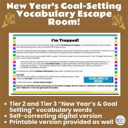 Linda Asaro on Instagram: "📚✨ Middle school teachers—start the New Year strong with an activity that feels like a game but delivers real learning! This New Year Goal-Setting Vocabulary Escape Room combines ELA skills, SEL, critical thinking, and student collaboration in a fun, low-prep format. Perfect for January, goal-setting lessons, or anytime you want high engagement without busywork. Includes both digital (self-correcting) and printable versions. Your students will be thinking, talking, an