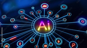 Artificial intelligence (AI) and machine learning concept. Abstract technology background in blue color.