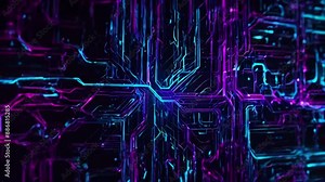 Detailed blue circuit board patterns with moving neon lights, showcasing the inner workings of a futuristic computer system, 4K wallpaper animation video