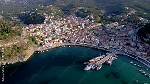 Parga Greece Small Coastal City Summer Destination Aerial Point of Interest Shot, Preveza Greece Ionian Sea
