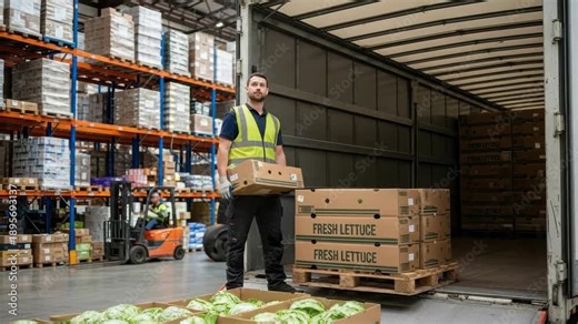 Warehouse Worker Loads Fresh Lettuce Boxes Into Truck At Distribution Center While Forklift Operates In The Background Showing Logistics For Food Supply Chain Fresh Produce Distribut