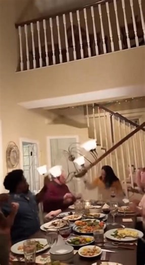 9K views · 52 reactions | A family dinner turns into total chaos when a mischievous cat leaps from an upstairs balcony onto the chandelier. The cat swings wildly before the entire chandelier crashes down onto the dinner table, shocking everyone! | Random Video | Facebook