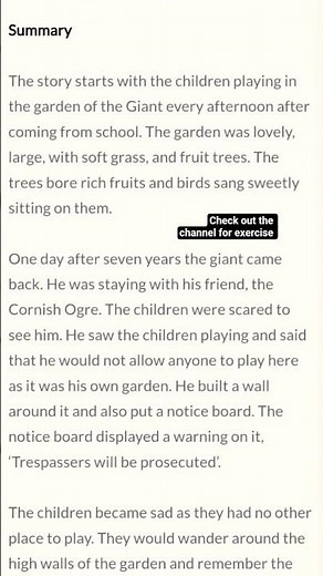 The selfish giant summary /class 11 english chapter 1 selfish giant exercise solution and summary