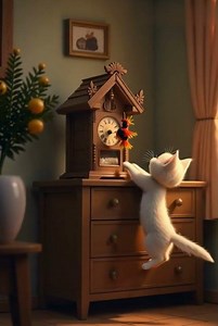 Playful Kitten and the Cuckoo Clock