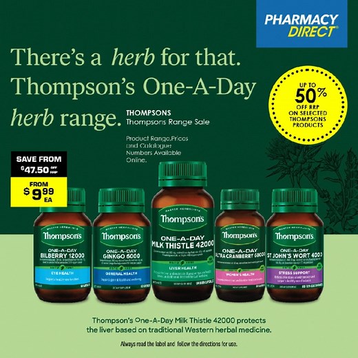 Everyday herbs, everyday wellness  Keeps your health goals simple & strong with Thompson's One-A-Day range — up to 50% OFF.  Get yours today:: https://bit.ly/47ZHIYP And just saying… Black Friday on 28 November is nearly in sight. Buckle up for unbeatable offers.  #Thompsons #PharmacyDirect #NaturalWellness | Pharmacy Direct | Facebook