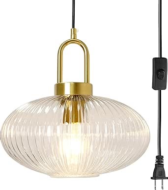 Large Globe Plug in Pendant Light, Midcentury Modern Hanging Glass Lamp, 11.8" Clear Striped Lantern Lampshade, Brushed Gold Hanging Lights with Plug in Cord for Bedroom Kitchen Living Room