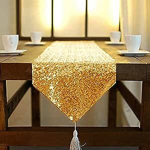 Shinybeauty Sequin Tassel Table Runner 12 by 120 Inch Gold, Tassel Table Cloth Runner, Tassel Table Linen Runner (Gold)