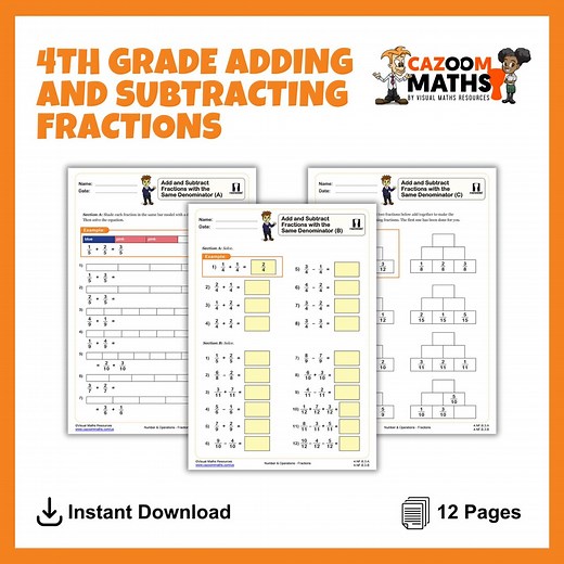 4th Grade Adding and Subtracting Fractions Worksheets With Answers | Printable Math Worksheets - Etsy