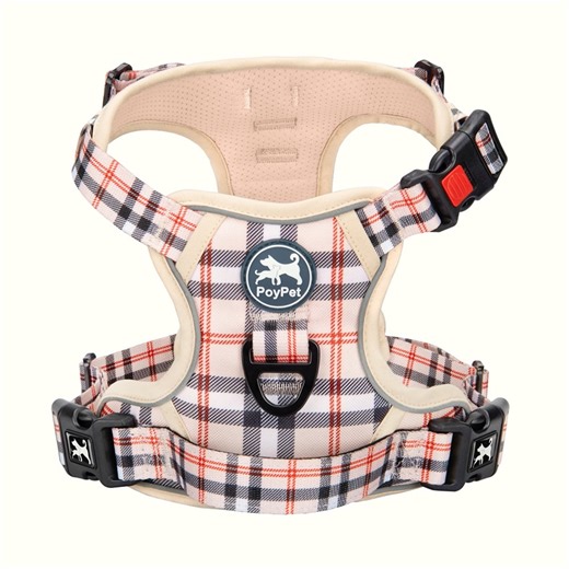 PoyPet Dog Harness,No-Pull Pet Harness with Easy Control Handle,Adjustable Reflective No-Choke Soft Pet Oxford Vest for Small Medium Large Dogs(Checkered Beige,XL)