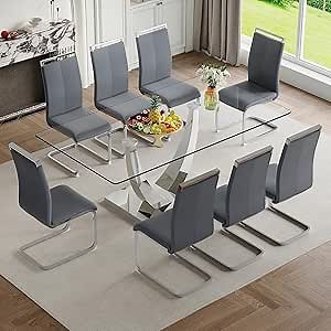 Glass Dining Table Set for 8, 71" Modern Tempered Glass Dining Table Set, 9 Pieces Kitchen Table and PU Cusion Dining Chairs for 8