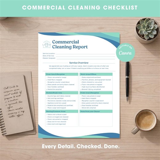 Commercial Cleaning Checklist Template Editable Canva, Cleaning Service Report, Janitorial Checklist, Office Cleaning Log, Cleaning Form - Etsy