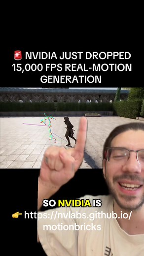 🚨 NVIDIA JUST DROPPED 15,000 FPS REAL-TIME MOTION GENERATION MotionBricks is a single neural backbone that generates 350,000 motion skills in real time for both robotics and gaming. Ships with: • 15,000 FPS with 2ms latency • Trained on 350k high-quality mocap clips • Smart primitives for navigation, object interaction & style control • No animation graphs, no per-task fine-tuning • Integrated into NVIDIA GR00T Whole-Body Control This is now core infrastructure for humanoid robots worldwide. 👉