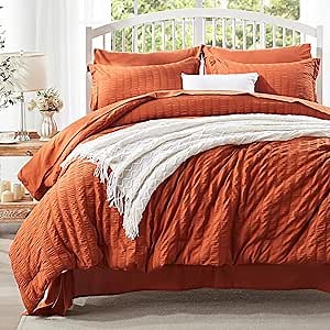 Zzlpp Queen Comforter Set 7 pieces, Burnt Orange Seersucker Bed in a Bag with Sheets, Lightweight Bedding Sets with 1 Comforter, 2 Pillow Shams, 2 Pillowcases, 1 Flat Sheet, 1 Fitted Sheet