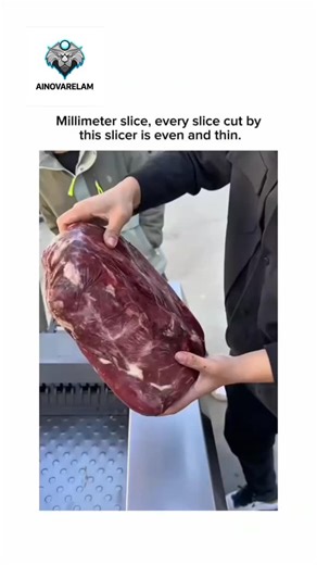 AinovaRealm on Instagram: "This video is 22 seconds long and showcases a high-precision meat slicer machine in action. It starts with a person placing a large, solid block of meat into the machine's tray. Once activated, the slicer quickly and effortlessly cuts the meat into perfectly even, millimeter-thin slices in just a few moments. The video highlights the incredible speed and accuracy of this industrial equipment, making a tough task look incredibly smooth. This impressive demonstration fea