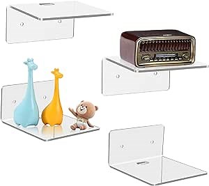 4 Pack Small Wall Shelf, 4'' Acrylic Wall Shelves Display Ledges for Storage & Decoration, Small Floating Shelf for Wall with 2 Types of Installation (Adhesive or Screw)