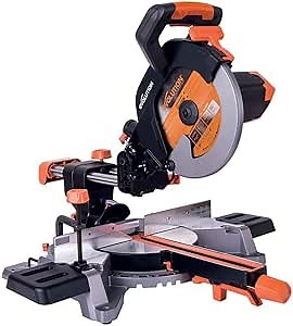 Evolution Power Tools R255SMS 10-Inch Sliding Miter Saw Multi-Material, Multi-Purpose Cutting Cuts Metal, Plastic, Wood & More 0˚ - 45˚ Bevel Tilt & 50˚ - 50˚ Miter Angles TCT Blade Included