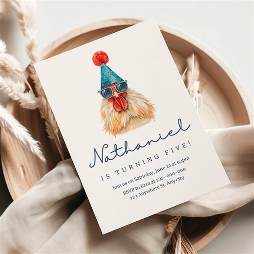 Chicken Birthday Canva Invite Template, Farm Animal Party, Funny Chicken with Party Hat, Editable Chicken Invitation, Kids Birthday