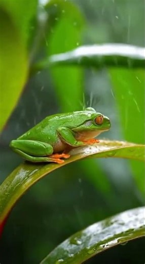 A frog jumping from one leaf to another during heavy rain