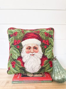 Vintage Needlepoint Santa Pillow - Classic Christmas Decor | Holiday Accent Cushion With Holly - Etsy