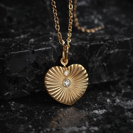 14K Gold Diamond Fluted Heart Pendant, Sunburst Design, 25mm Lab-created Stone - Etsy