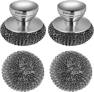 Onewly 2Pack Steel Wool Scrubber Set, Stainless Steel Scrubber with Stainless Steel Handle, for Cleaning Dishes, Cast Iron, Stock Pots, Pans, Griddles, Grills